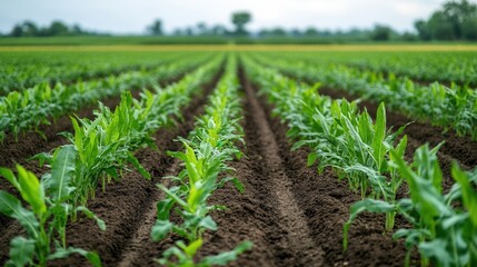 A lush green field of young corn plants stretches into the distance, showcasing rows of crops in rich, brown soil under a cloudy sky.