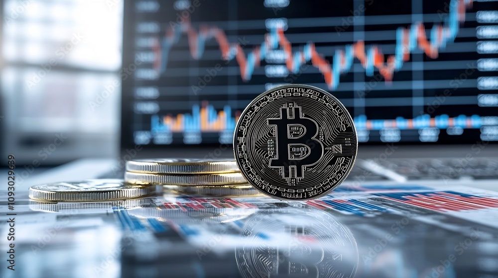 Poster captivating and contemplative bitcoin market visualization with a soft dreamlike atmosphere and deli
