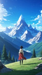 Naklejka premium Anime mountain view towering peaks clear skies peaceful scenery