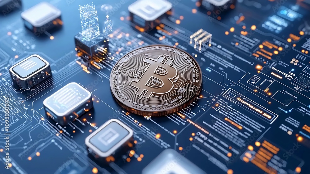 Poster Blockchain Powered Financial Services Crisp Elegant Digital Asset Management with Holographic Transaction Records Autonomous Financial Management Tools and Advanced Quantum Encryption  Futuristic