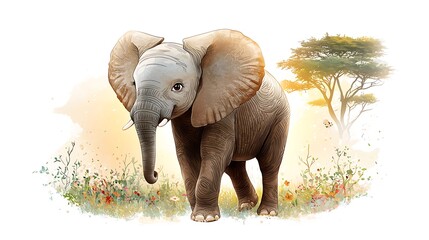 The cute cartoon elephant is walking gracefully through the vibrant African Savanna, surrounded by lush green grass, tall acacia trees, and colorful wildflowers