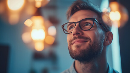 Smiling man in glasses looking at a glowing lightbulb, symbolising a great idea just dawning on him.