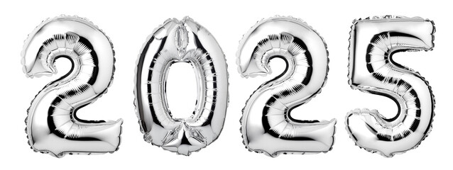 Numbers 2025 made of  silver balloons isolated on white background.New year concept.