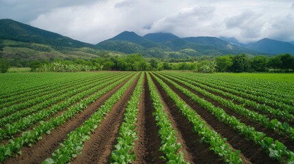A lush green farm with neatly arranged rows of crops stretching towards distant mountains under a cloudy sky.