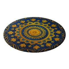 A blue and yellow rug with a design of a sun