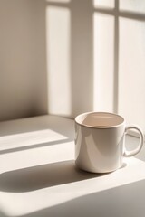Obraz premium Simple cup sits on a table illuminated by soft sunlight casting shadows in a cozy room