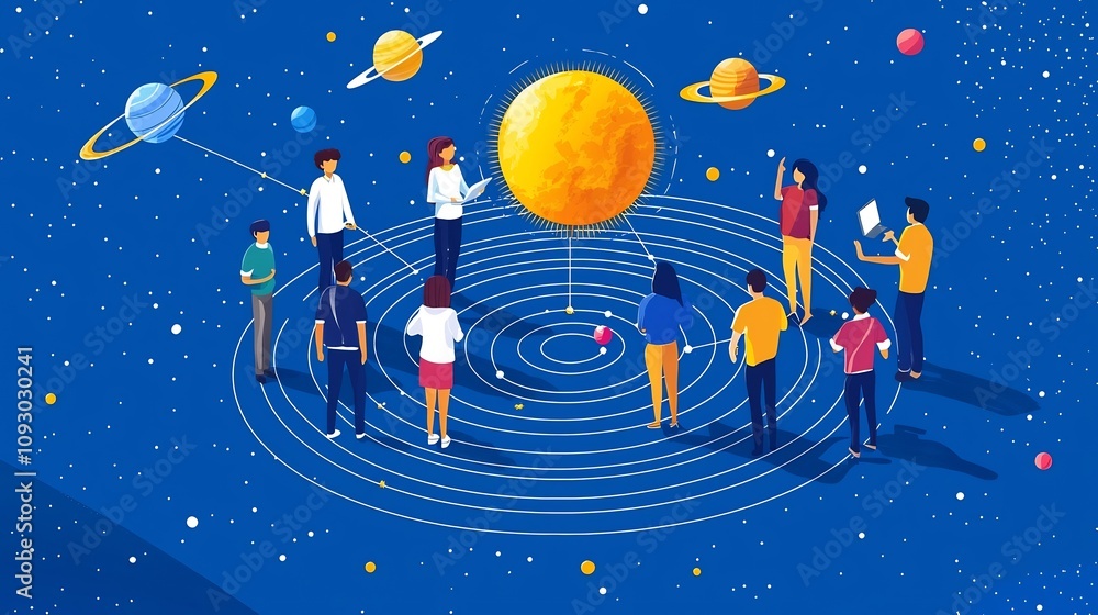 Poster flat design of students gathered around a detailed model of the solar system showing collaborative l