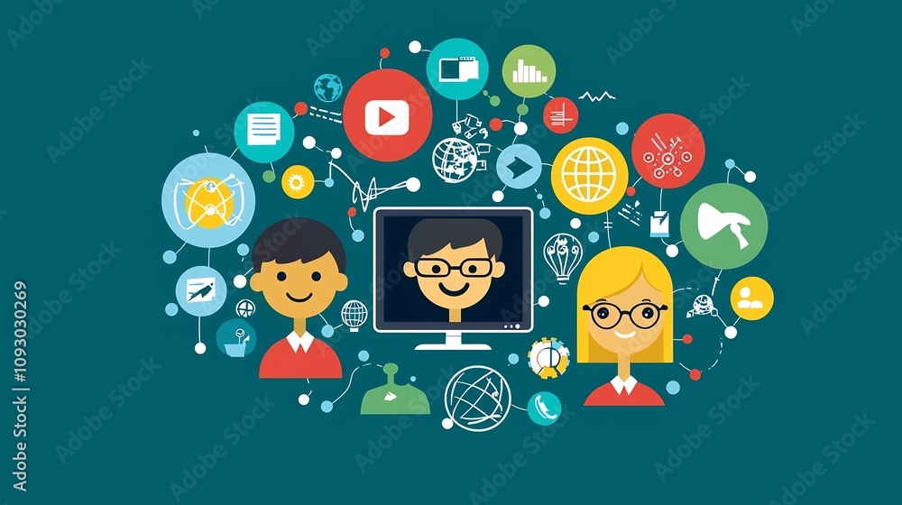 Poster flat design of students participating in a video conference call with colorful speech bubbles and ic