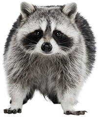 Close-up of cute young grey raccoon looking at camera with curious expression against transparent...