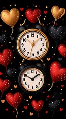 Fototapeta premium Colorful hearts and vintage clocks create a joyful atmosphere, symbolizing love and time together in a charming design.