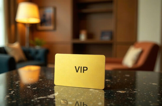 A VIP card rests on a sleek table in a stylish lounge, highlighting an elegant space designed for exclusive guests