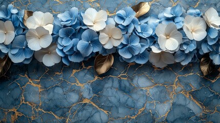 A decorative arrangement of blue and white flowers against a marbled background.