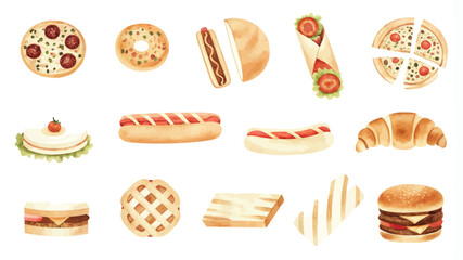 Set of watercolor fast food icons. Isolated on white background.