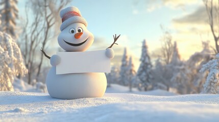 Fototapeta premium 3D-rendered snowman with a joyful smile, holding a white banner in a festive winter landscape. Great for Christmas and New Year cards, allowing space for personalized wishes.