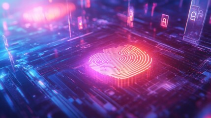 A dynamic 3D illustration featuring a glowing fingerprint scanner, surrounded by pulsing waves of light. Behind it, layers of transparent shields overlap, emphasizing data protection.