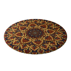 A round rug with a pattern of flowers and leaves