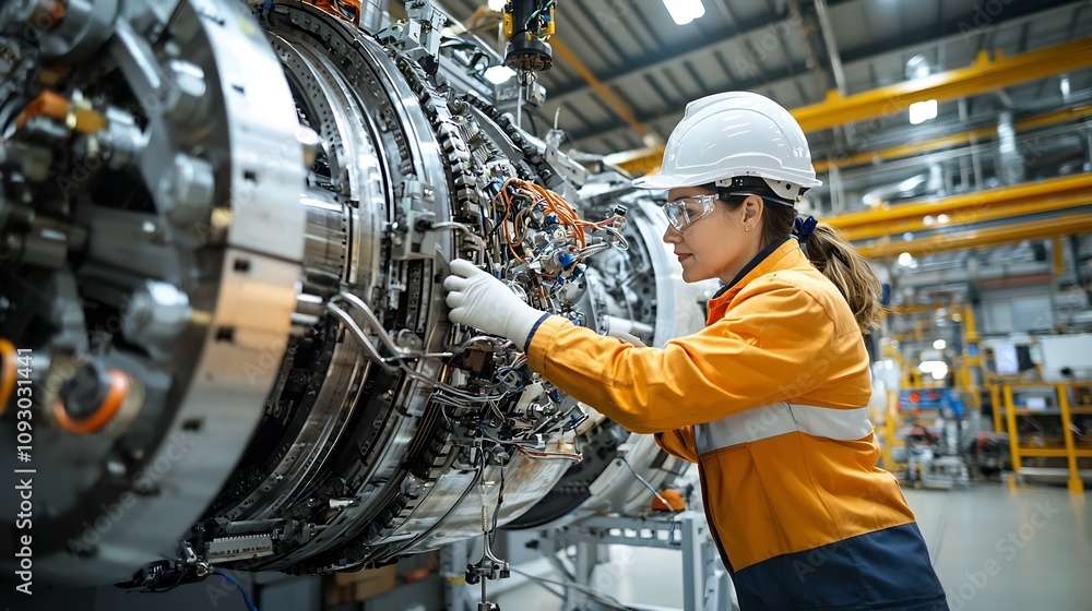 Aufkleber A tight focused portrait of a factory engineer thoroughly inspecting the inner mechanisms and components of a large industrial machine