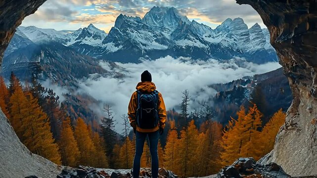 A lone hiker stands at the entrance of a cave, gazing out at a breathtaking mountain range shrouded in mist.