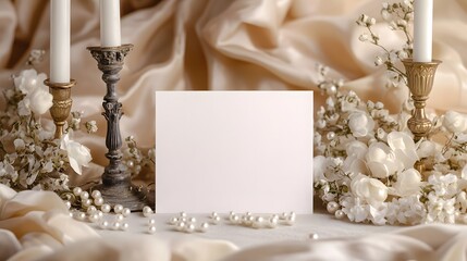 Blank mockup template of an invitation card framed by silk florals, antique candle holders, and softly scattered pearls on a linen base.