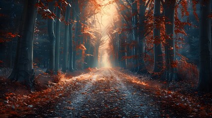 The photo features a tranquil forest path lined with autumn leaves, golden sunlight filtering through trees, Photography, National Geographic Style, spectacular backdrops, vivid visuals, an awe-inspir