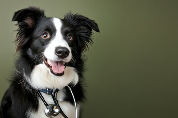 Fototapeta premium This is a cheerful portrait of a dedicated veterinarian who specializes in providing care for canines, proudly wearing a stethoscope, showcasing the deep and loving bond we share with our dogs