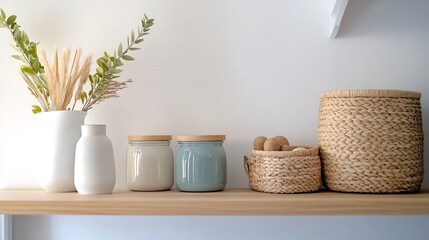Beautifully Organized Pantry Shelves with Labeled Jars and Woven Baskets,Symbolizing Minimalist