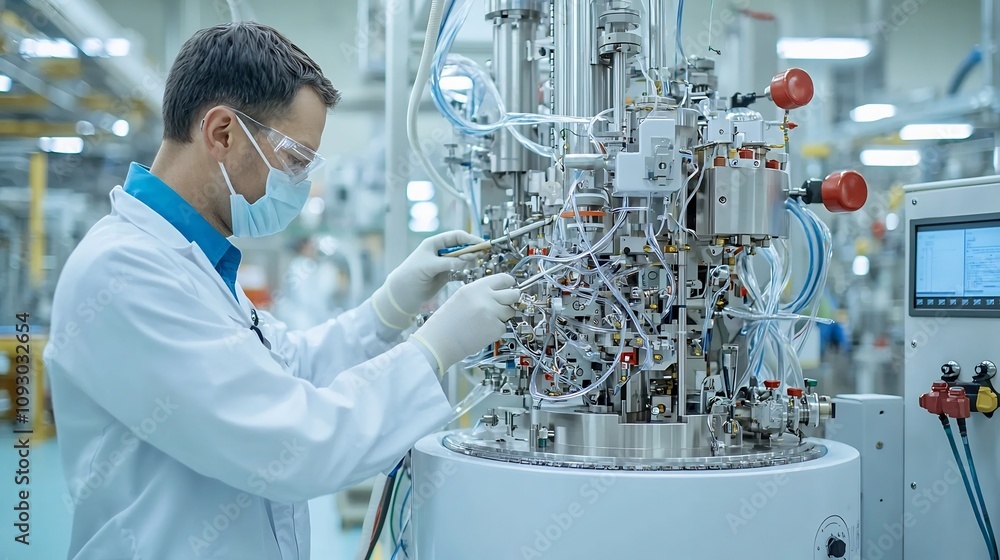 Poster An industrial engineer meticulously examining the inner workings of a complex factory machine