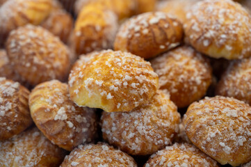 Chouquettes or petits choux are small pieces of French patisserie consisting of small spheres of choux pastry, sugared and baked, Bordeaux, France