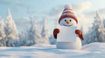 Obraz premium Adorable 3D-rendered snowman, smiling and holding a white page in a festive winter landscape. Perfect for creating custom holiday cards and joyful New Year messages.