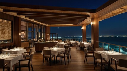 Fototapeta premium Here's a possible and keyword list for your image.. Upscale rooftop restaurant at night with ocean view, tables set for dining.
