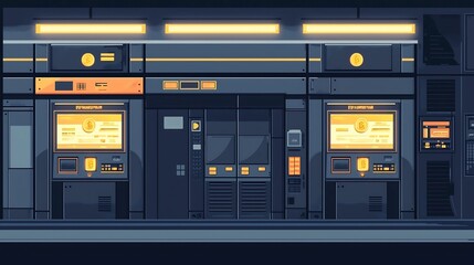 Futuristic flat design of a blockchain powered bank facility with a sleek minimalist aesthetic  The building features glowing digital icons a high tech user interface and a contemporary