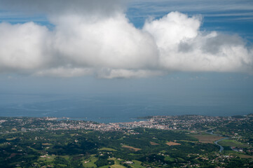 Travelling by old wooden train up to Larrun or La Rhune, Larhune mountain at the western end of the Pyrenees located on border of France and Spain, in traditional Basque provinces Labourd and Navarra