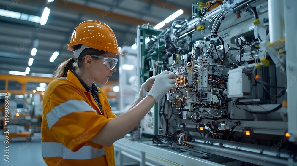 Poster A skilled industrial technician intricately studying the inner workings and precise mechanisms of advanced manufacturing equipment in a factory workshop setting
