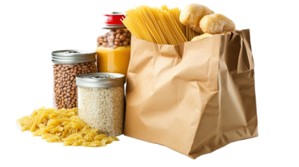 Isolate essentials pantry items in a brown paper bag home kitchen grocery content bright environment close-up viewpoint