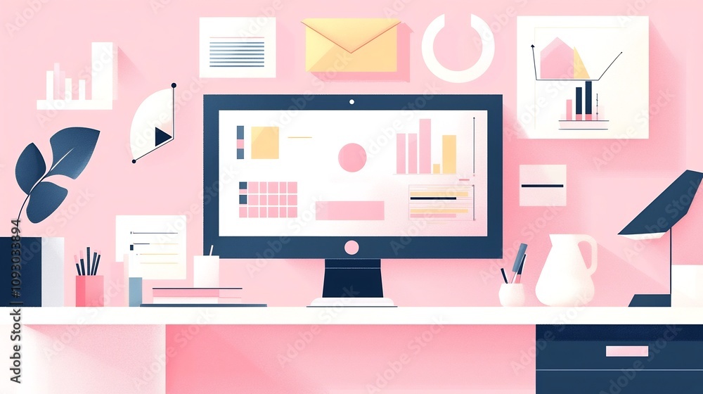 Aufkleber futuristic flat design workspace filled with ai driven marketing analytics and digital tools present