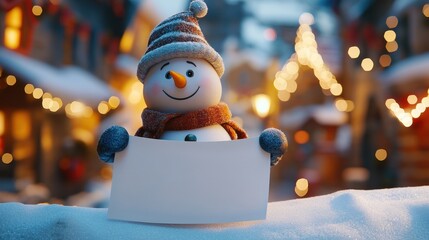 Adorable snowman character looking at the camera, holding a white page banner against a festive Christmas background. Ideal for holiday greetings and cheerful winter messages.