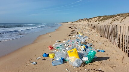 Discarded plastic bags scattered across a sandy beach highlighting the environmental damage and pollution crisis caused by plastic waste accumulation in coastal ecosystems