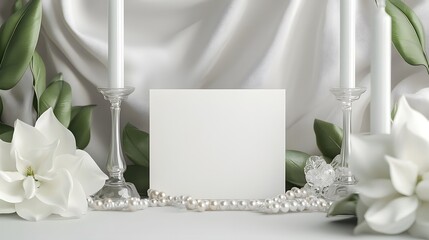 Blank mockup template of an invitation card placed between silk gardenias, frosted candle holders, and pearls for a minimalist vibe.