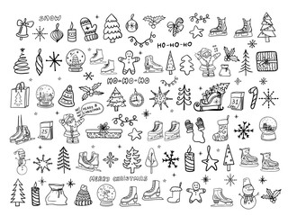 Large set of Christmas and New Year clipart in doodle style. Cute illustration for design, greeting card, decoration, textile. Hand drawn. Vector illustration EPS10. Isolated on white. Winter