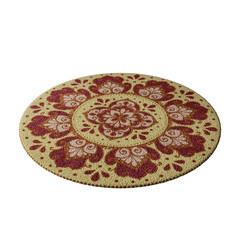 A round rug with a floral design in gold and red colors