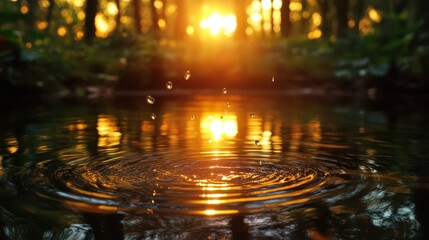 Obraz premium Golden Sunset Water Drops Reflection Forest Pond Nature Peace