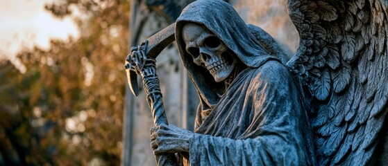 A detailed stone statue of a hooded Grim Reaper figure with skeletal features and wings, holding a scythe, photographed with dramatic lighting and shallow depth of field. Generative AI