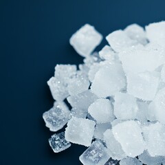 Close-up of a pile of glistening ice cubes on a dark blue background.