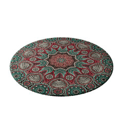 A colorful rug with a pattern of flowers and leaves