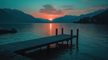 Obraz premium Serene Sunset Over Mountain Lake Pier