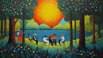 Peace and warmth in the park with the sunset lake