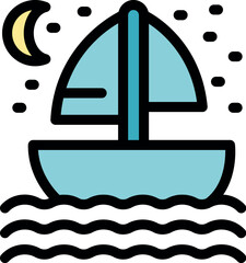 Sailboat peacefully sailing on calm water under a crescent moon and starry night sky