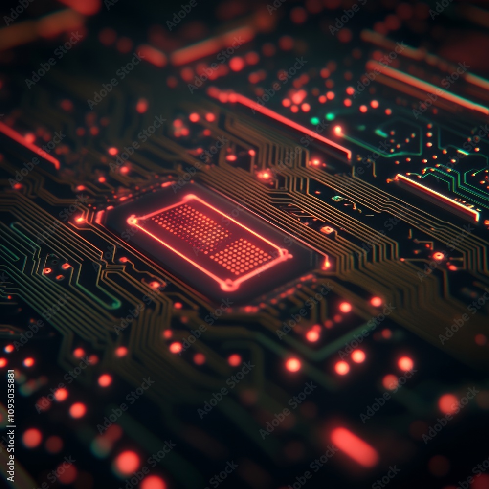 Poster close-up of illuminated circuit board with central processor.