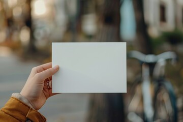A blank white postcard is held by a hand
