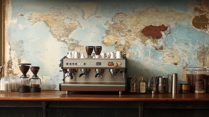 Vintage World Map Espresso Bar Coffee Shop Interior